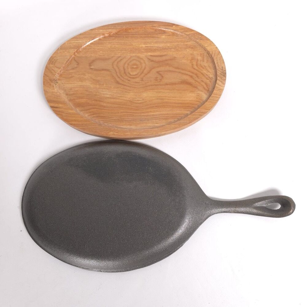 New Cast Iron Fajita Pan Oval with‎ Wooden Tray Fajita Plate Set